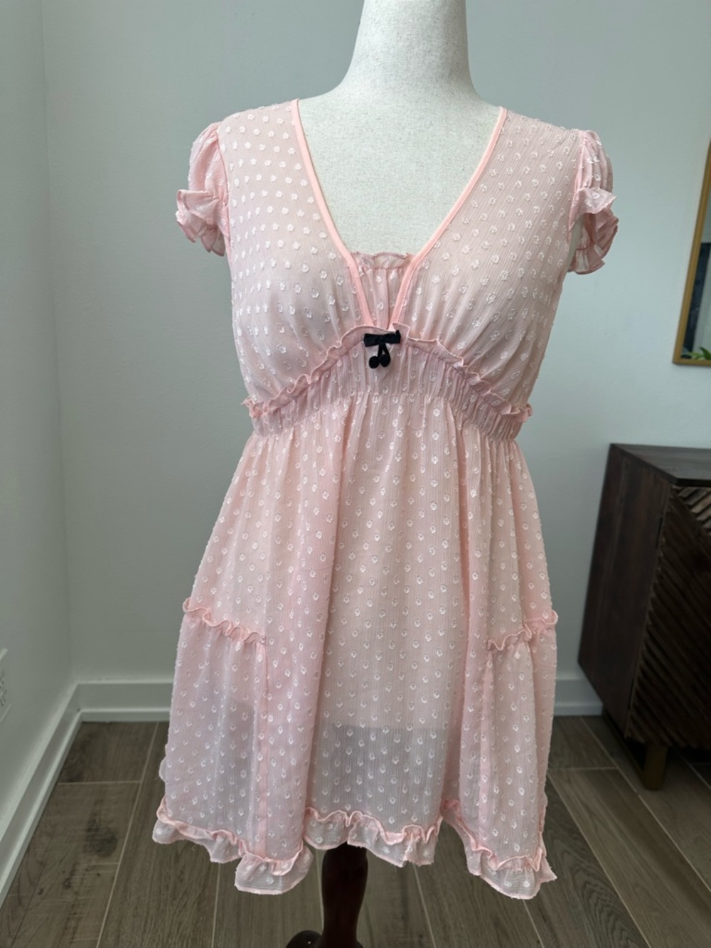 Betsey Johnson Pink Swiss Dot Babydoll Chemise with Black Bow
